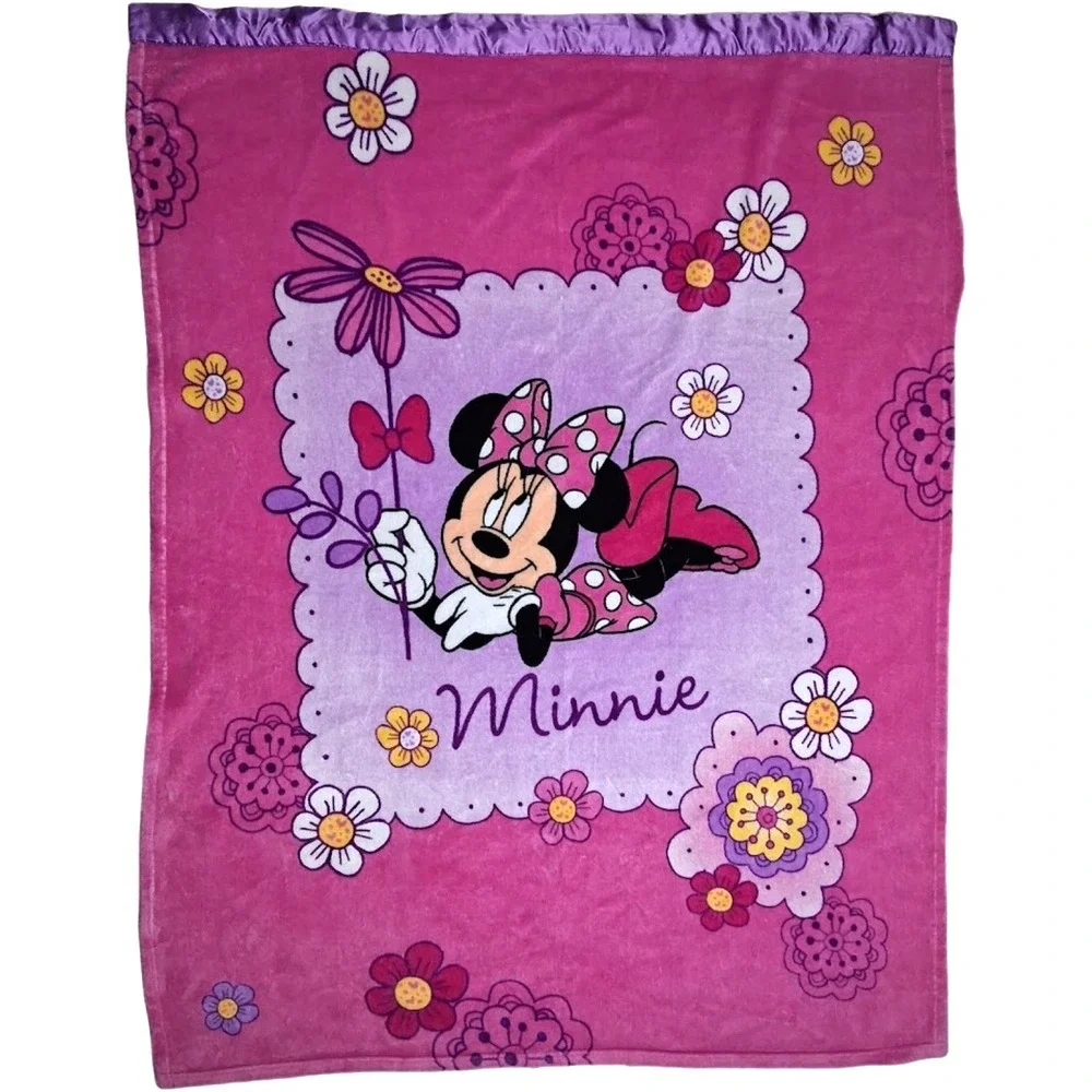 Disney Baby Pink Minnie Mouse Flower Blanket Purple Satin Top Trim Big 38x50